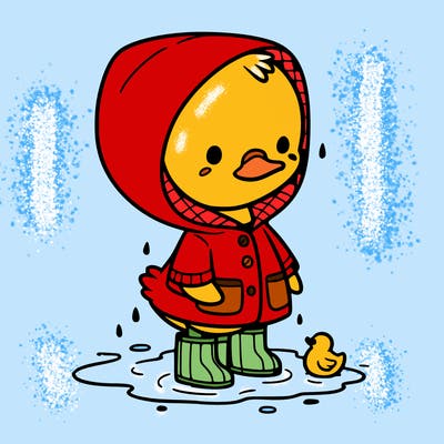 baby duck in a rain coat and boots, in a puddle while it’s raining