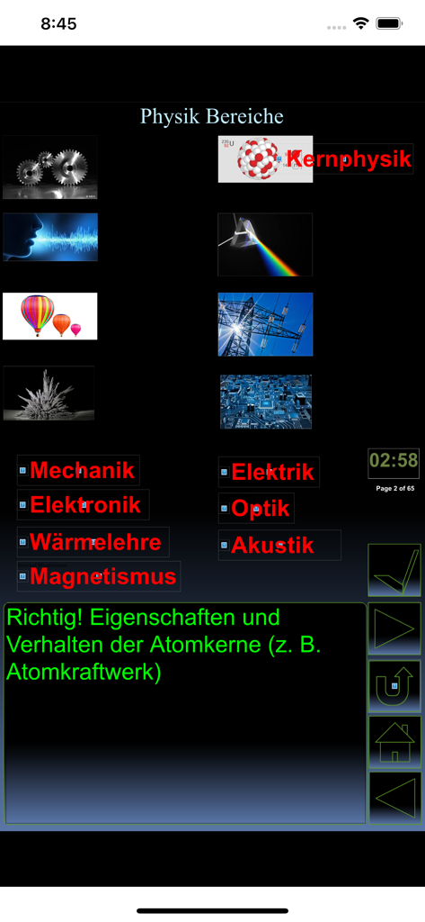 iPhysik 1 Quiz deutsch - Interface of the iPhysik app showing physics categories in German with illustrative icons and a correct answer feedback box