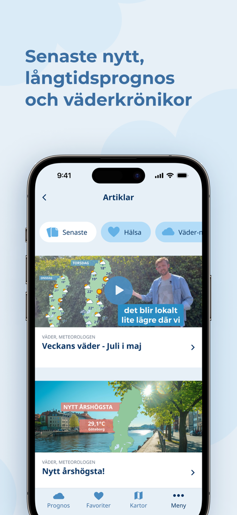 Klart - Väder - Klart weather app showing latest news articles and meteorologist videos