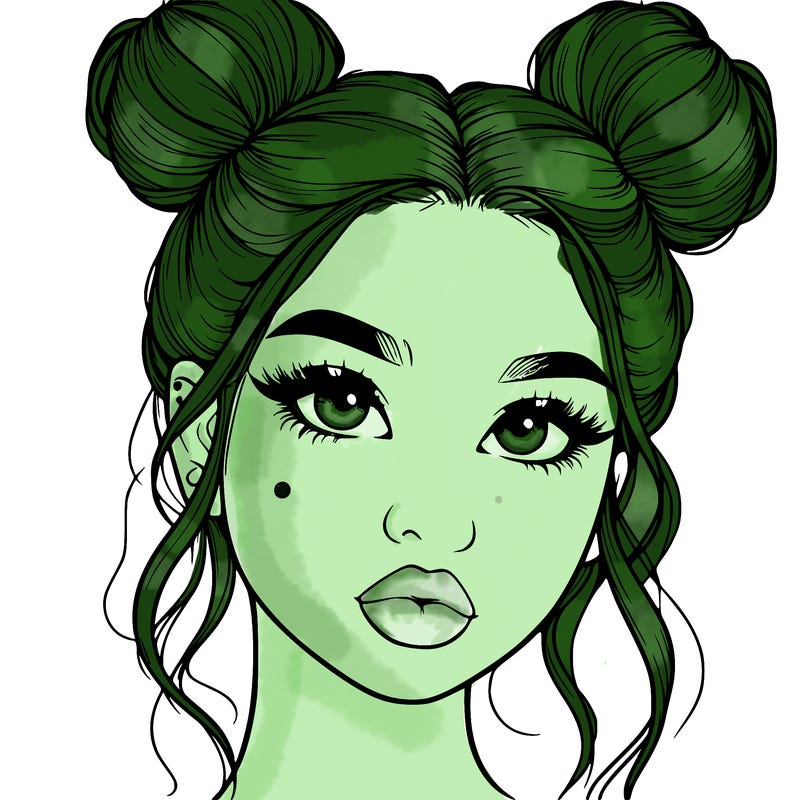 realistic girl with two buns on her hair and lips