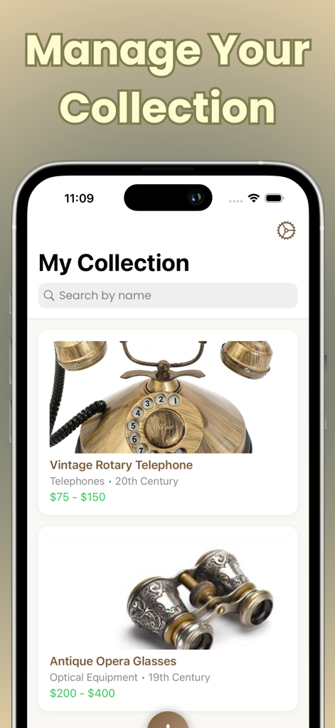 A smartphone screen showing the personal collection management feature of the Antique Identifier app with a vintage phone and opera glasses.