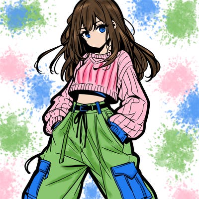 anime teen girl with baggy pants and crop top with sweater
