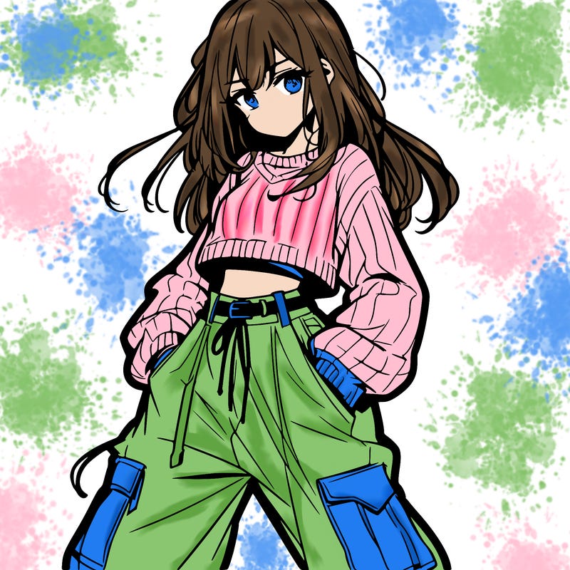 anime teen girl with baggy pants and crop top with sweater