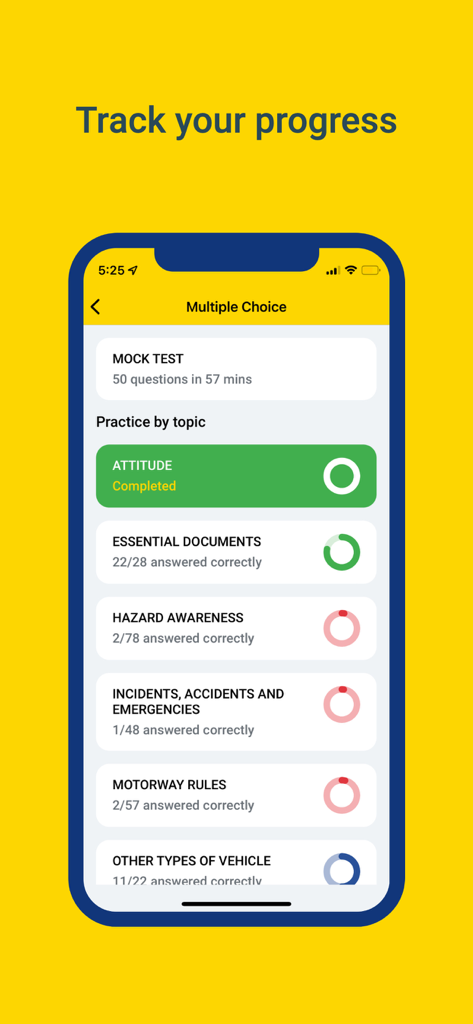 Theory Test Pro - Mobile app interface of Theory Test Pro showing the progress tracking screen for different driving theory topics like hazard awareness and road rules