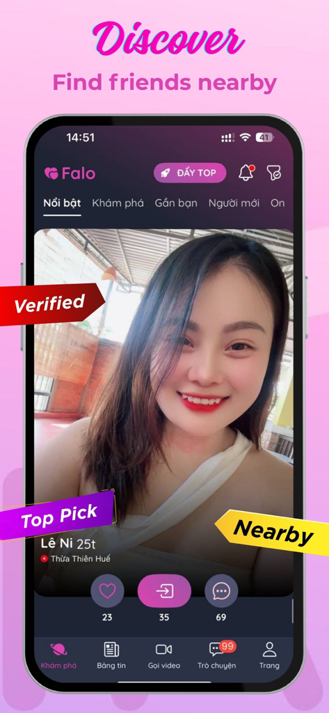 Falo: Dating Video Chat - Falo dating app interface showing a verified profile in the discover nearby section