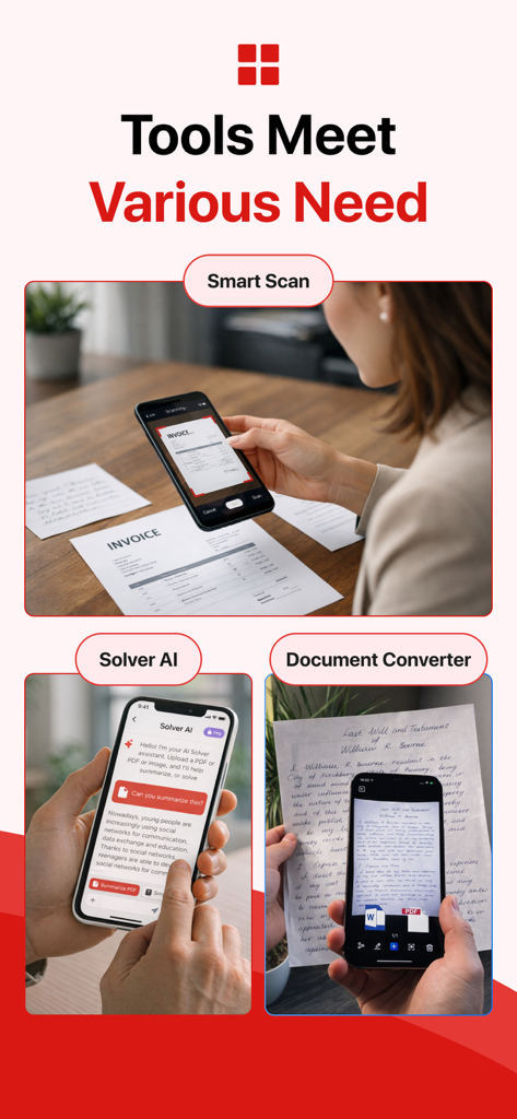 Scanova: PDF Scanner App - Características de la aplicación Scanova que incluyen escaneo inteligente, solucionador de IA y convertidor de documentos, mostradas en pantallas móviles.