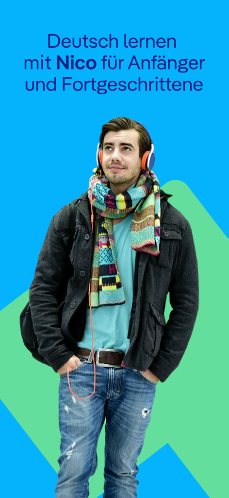 Un joven con auriculares y una bufanda que representa al personaje Nico para el aprendizaje del idioma alemán.