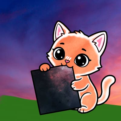 a small cat with a blank sheet of paper in its hand. the cat is sooooooo cute!