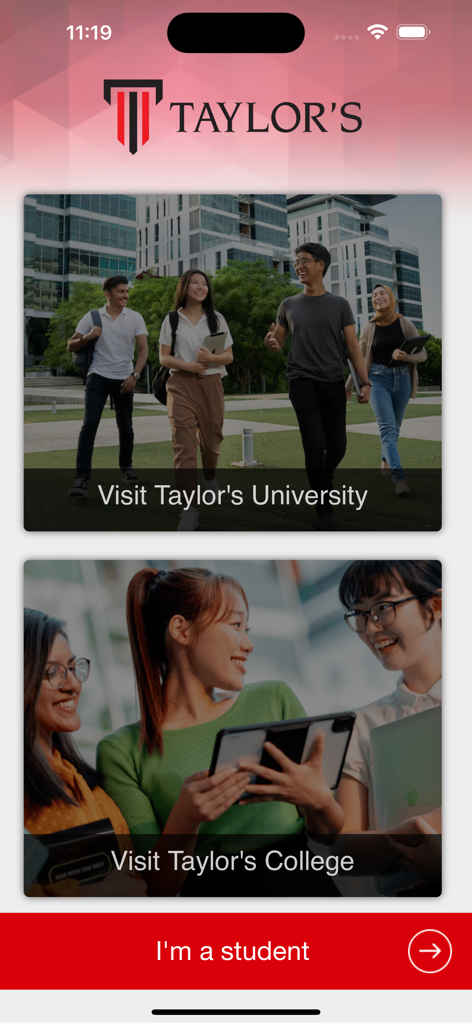 Taylor's Mobile - Taylor's Mobile app home screen with University and College visit options and a student login button.