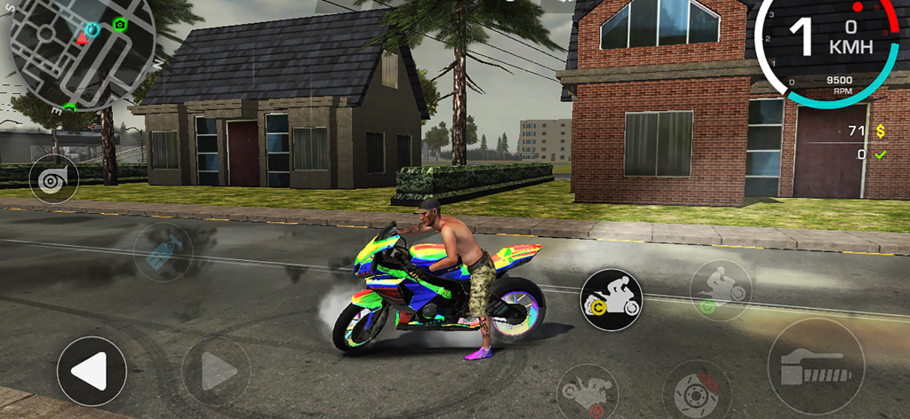 Xtreme Wheels - A player riding a custom rainbow colored motorcycle in a suburban street setting within the Xtreme Wheels game
