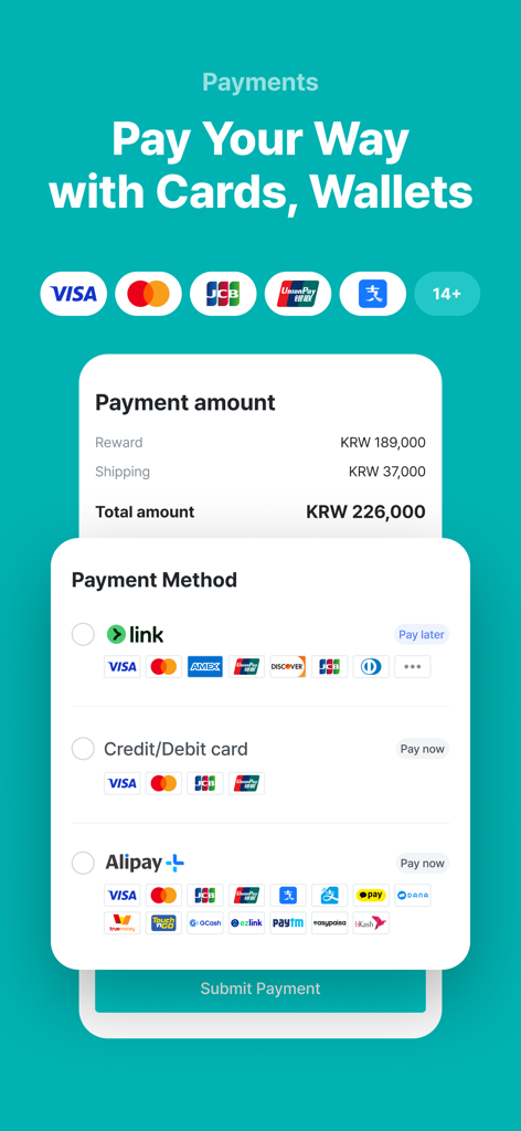 Wadiz app payment interface displaying various credit card and digital wallet options for international crowdfunding checkout