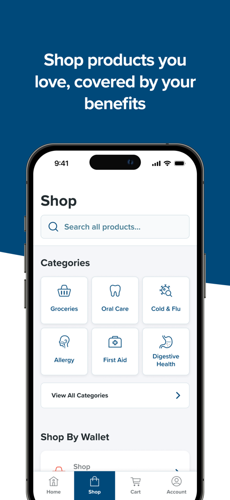 Benefits Pro mobile app shop screen showing product categories like groceries and first aid