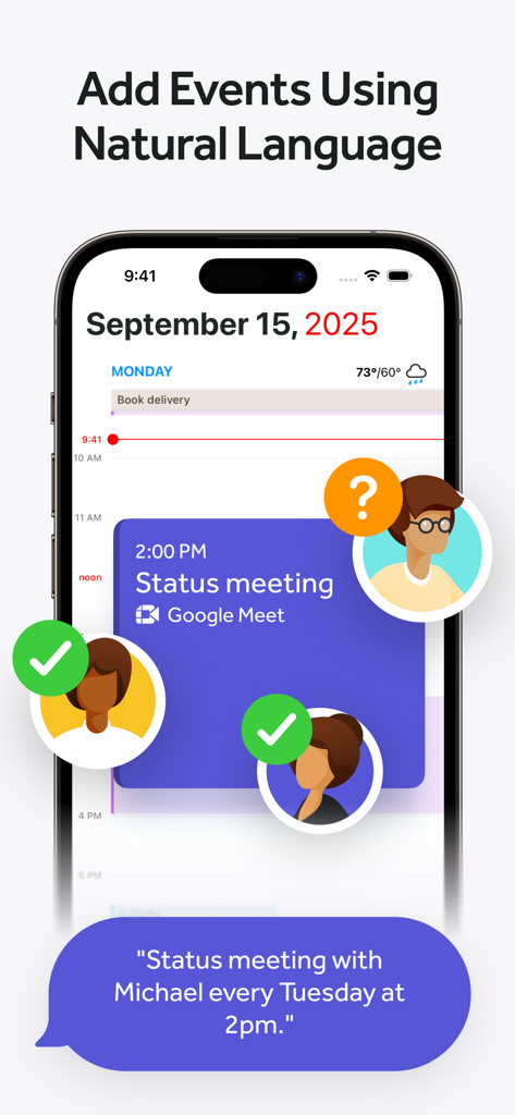 iPhone screen showing Fantastical app scheduling a status meeting using a natural language text command