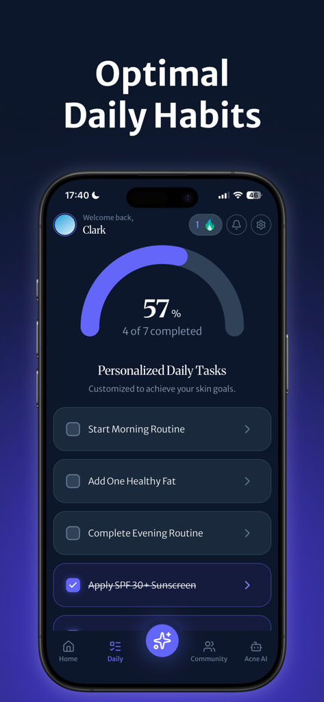 Acne Snap app interface showing personalized daily skincare tasks and habit progress tracking