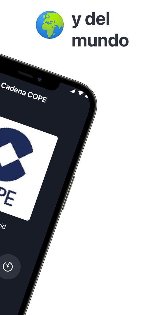 Screenshot der Radios de España App auf einem iPhone, der den Cadena COPE Sender und Weltradioptionen anzeigt.