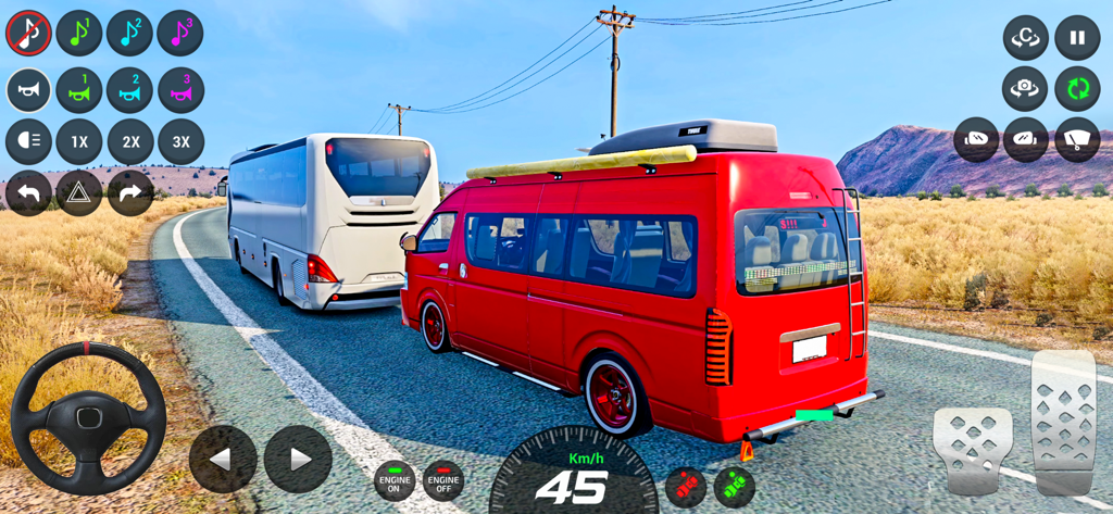 Dubai Van Simulator Game 3D - 3D driving gameplay in Dubai Van Simulator featuring a red van and white bus on an open highway