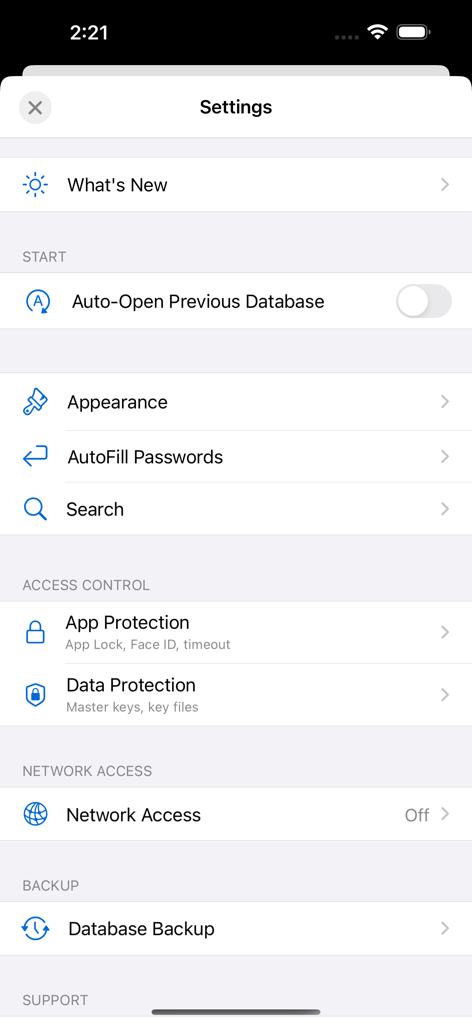 KeePassium for Intune - The settings menu of the KeePassium for Intune app showing security options like app protection and data protection