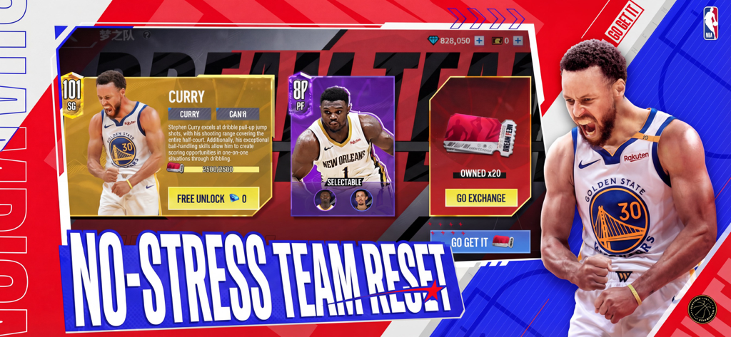 Interfaz del juego móvil NBA Infinite mostrando tarjetas de jugadores para Stephen Curry y Zion Williamson con una función de reinicio de equipo.