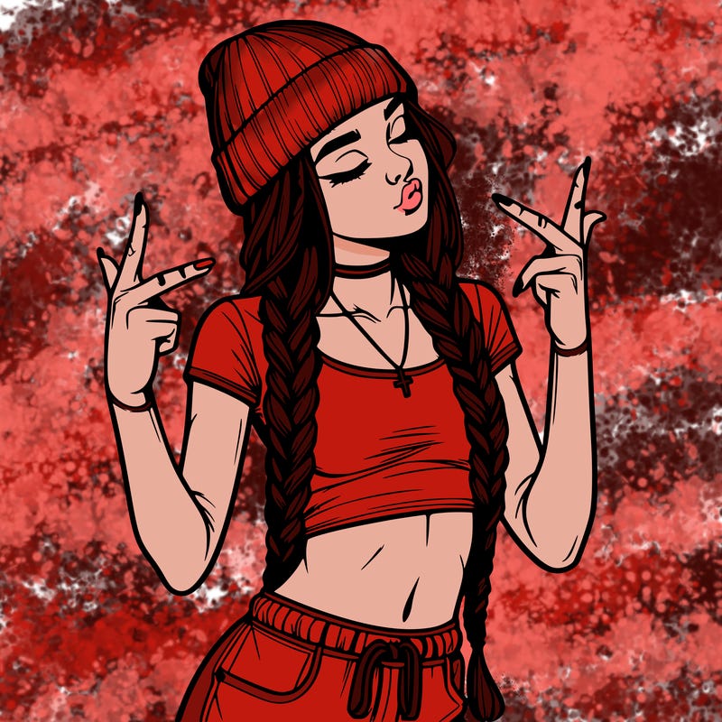 realistic teenage girl with braids and a beanie and crop top doing 🫶🏼