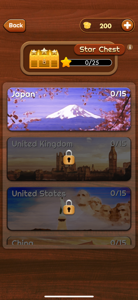 Abenteuermodus-Menü in Woody Extreme Block Puzzle, das länderbezogene Level wie Japan und USA zeigt.