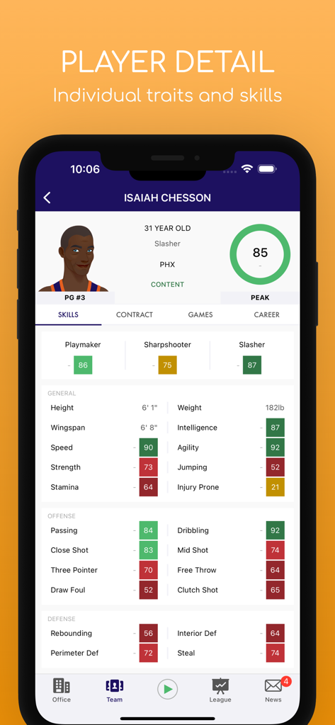 Pocket GM: Basketball Sim - A detailed basketball player profile in Pocket GM showing individual traits, skills, and statistical attributes like speed and shooting.