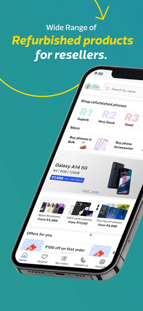 Flipkart Reset for Business - Flipkart Reset for Business app interface showing refurbished smartphones for resellers