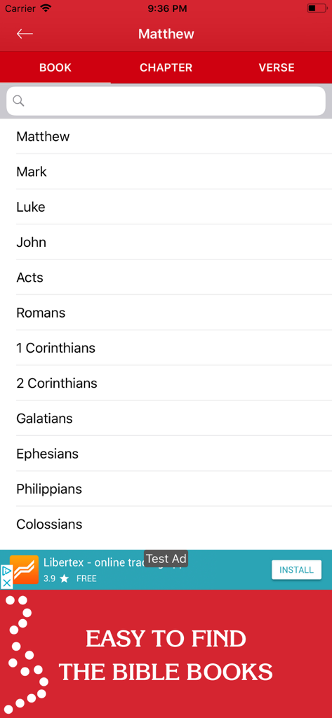 New Testament - KJV - Una lista sencilla de libros del Nuevo Testamento desde Mateo hasta Colosenses en la aplicación de la Biblia KJV