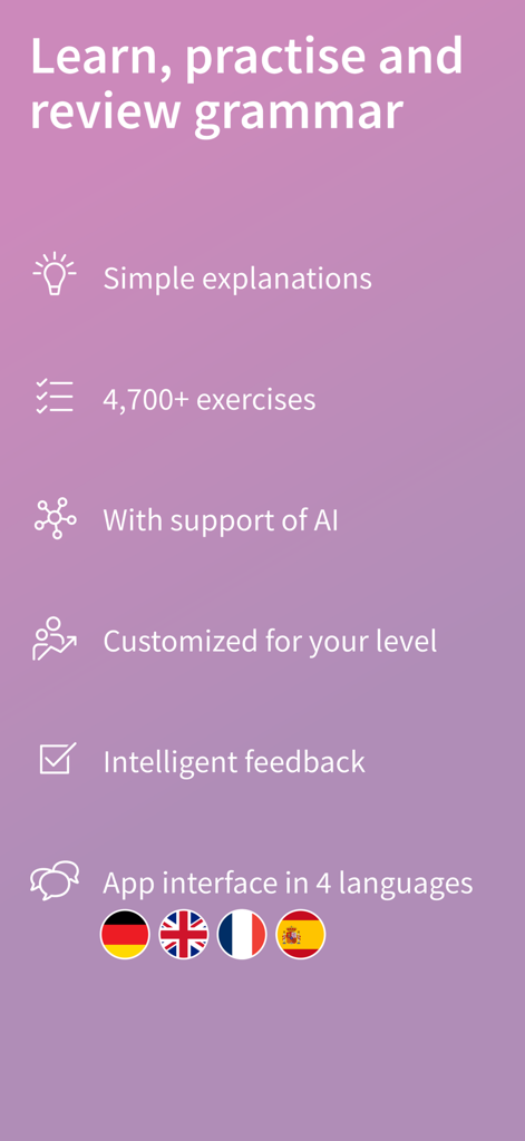 Grammatik aktiv A1-B1 Deutsch - Key features of the Grammatik aktiv app for learning German grammar including AI support and exercises
