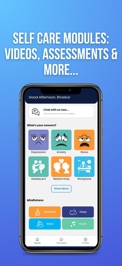 만트라케어 앱 인터페이스, 불안, 스트레스, 우울증에 대한 정신 건강 카테고리 및 명상과 같은 마음챙김 도구 표시