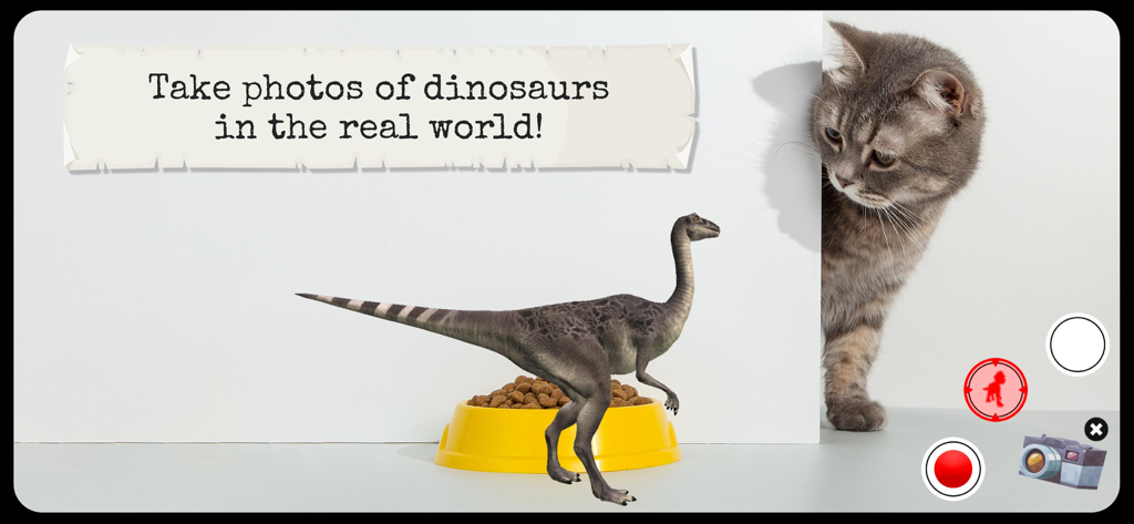 4DKid Explorer: Dinosaurs Full - Vista de realidad aumentada de un dinosaurio 3D en un entorno del mundo real junto a un gato.