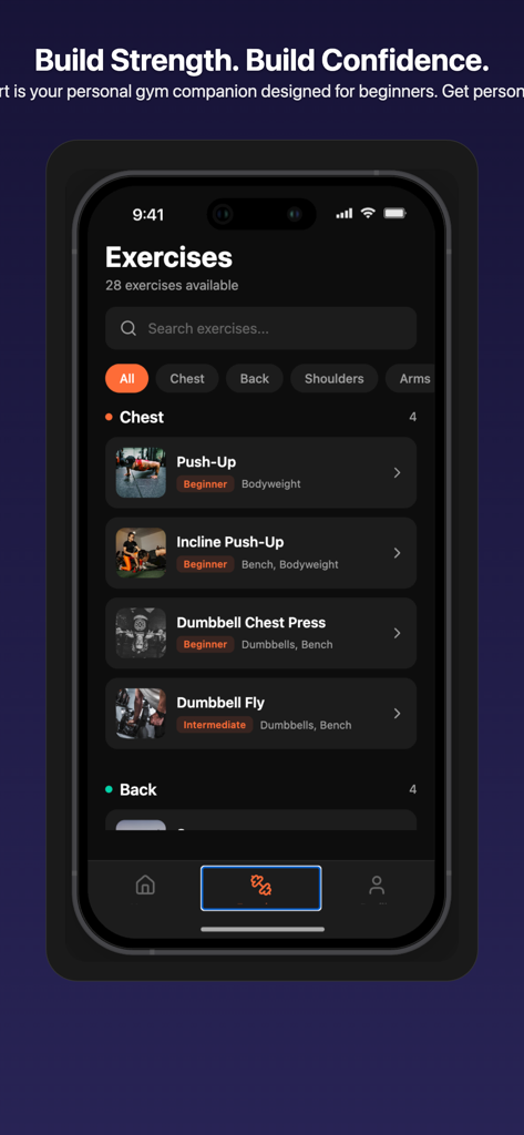FitStart App - FitStart app exercise library interface showing beginner chest workouts like push ups and dumbbell flys
