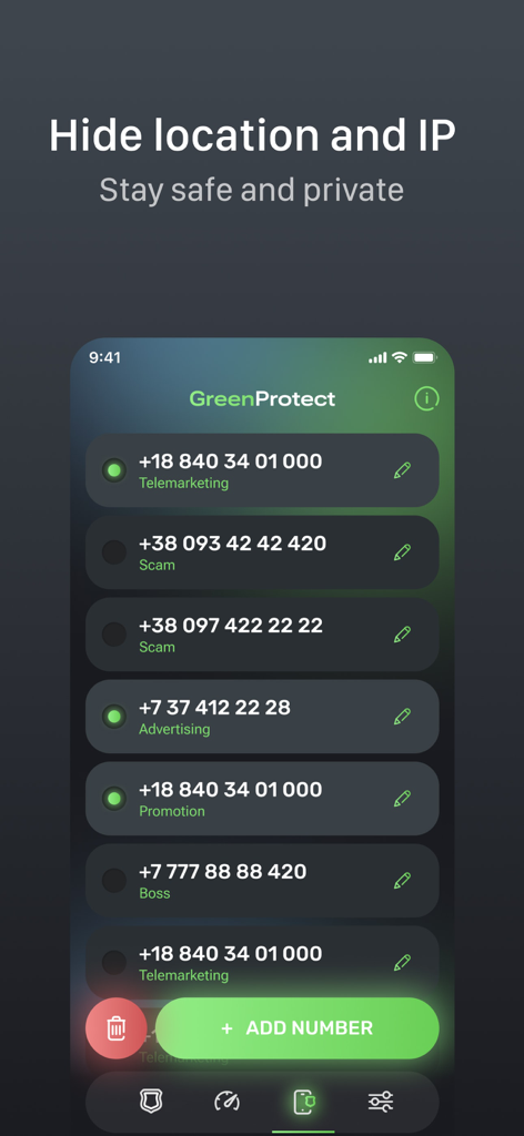 VPN PRO - Unlimited Protection - Interfaccia per bloccare chiamate spam e di telemarketing nell'app VPN PRO.