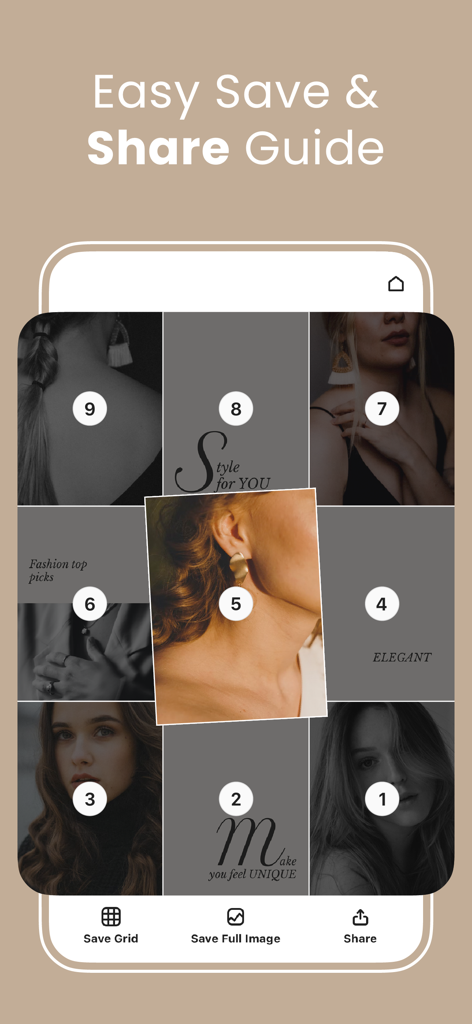 Una vista previa de un diseño de cuadrícula de puzzle de Instagram estético en la aplicación PuzzleStar con opciones para guardar y compartir.