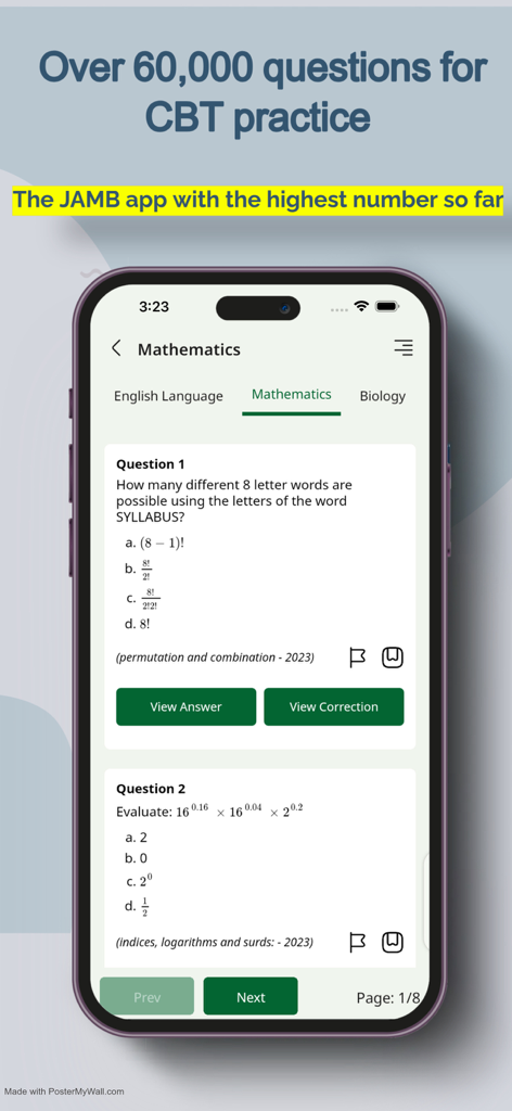 Mathematics practice questions on the JAMB CBT exam preparation app