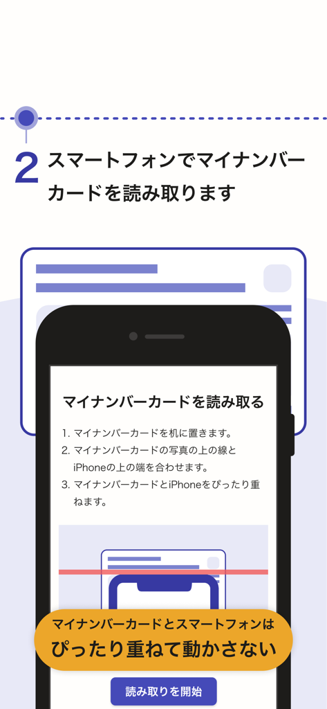 電子スキャンと署名検証のために、スマートフォンをマイナンバーカードの上に配置する方法を示す説明画面。