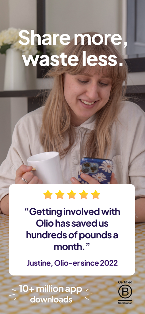 OLIO - A young woman smiling and using the OLIO app on her smartphone with a positive user testimonial about saving money and reducing waste