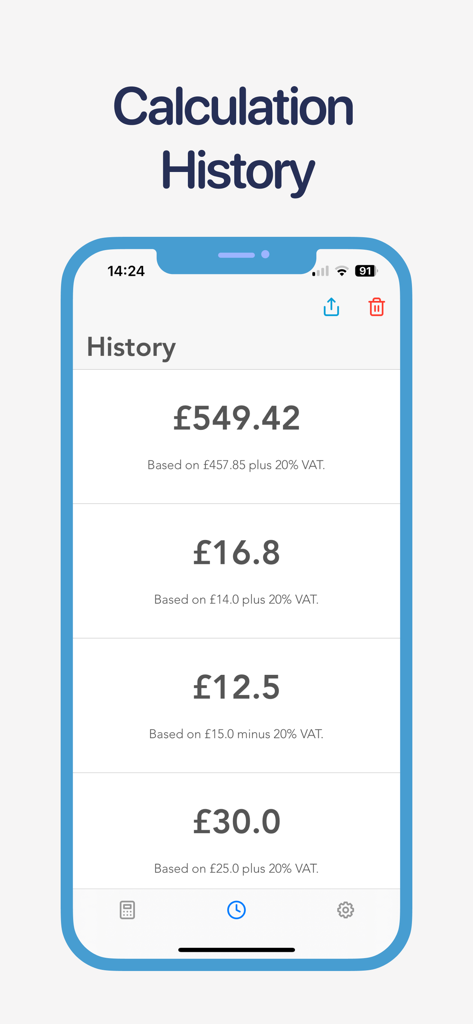 VAT Calculator (UK) - Smartphone screen showing a list of recent UK VAT calculation history entries in pounds sterling