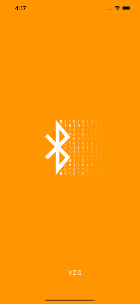 BLESerial HM-10 - BLESerial HM-10 splash screen featuring a Bluetooth logo and binary data over an orange background