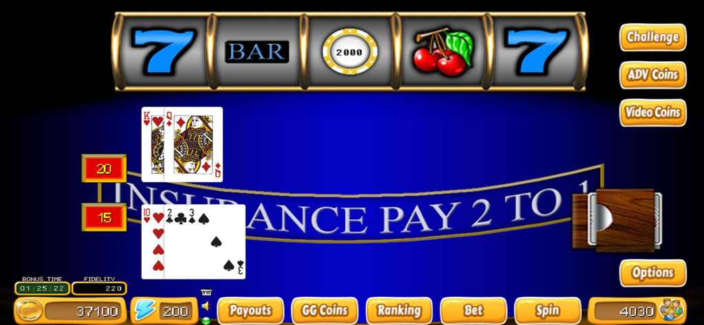 Casino Gallina - Capture d'écran du gameplay de Casino Gallina montrant des rouleaux de machines à sous classiques et une interface de jeu de cartes.