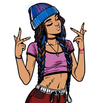 realistic teenage girl with braids and a beanie and crop top doing 🫶🏼