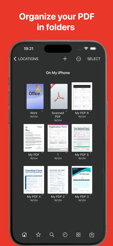 A screenshot showing a mobile app interface for organizing PDF documents into folders on an iPhone