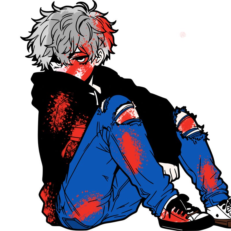 a male hoddie ripped jeans messy hair anime