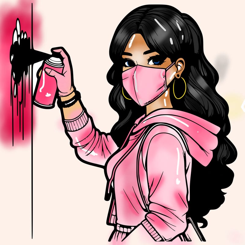 realistic girl with mask spray painting a wall