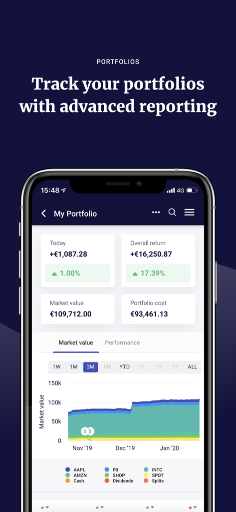 wallmine: Stocks & Bitcoin - Wallmine portfolio dashboard displaying investment returns market value and stock performance charts