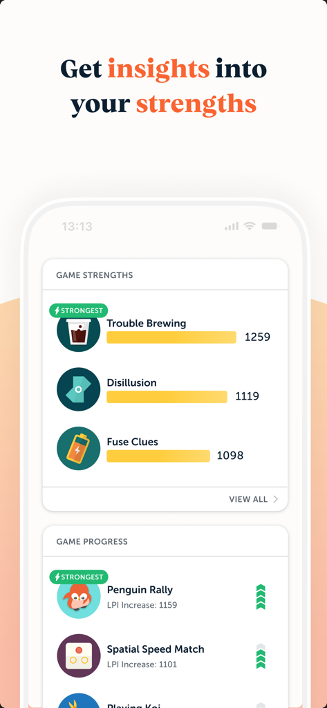 Lumosity: Brain Training Games - Pantalla de la aplicación móvil Lumosity que muestra las fortalezas de los juegos cognitivos y los insights de rendimiento