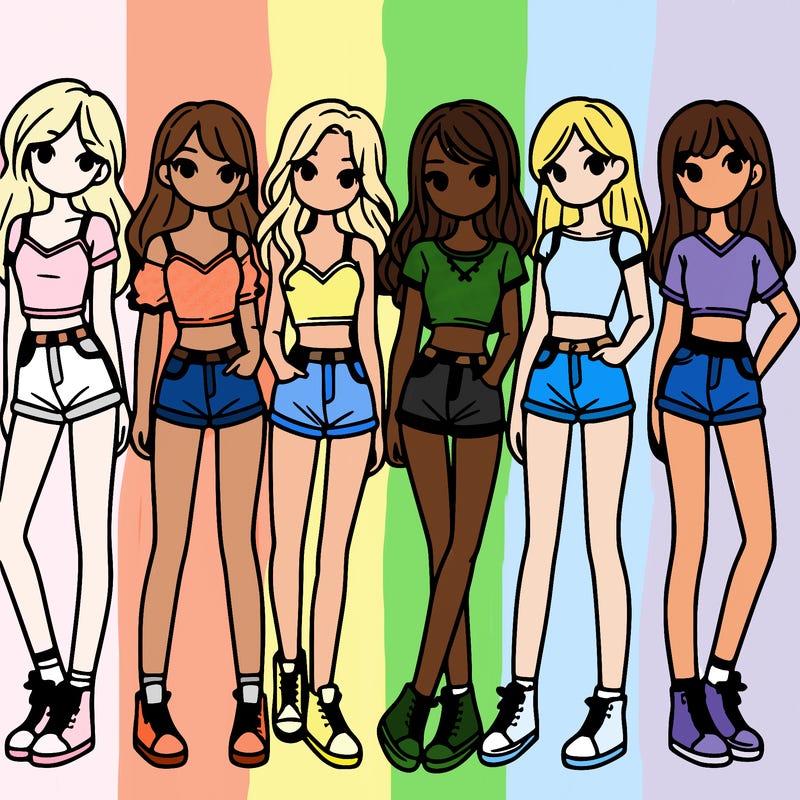 a group of girls wearing crop tops and shorts