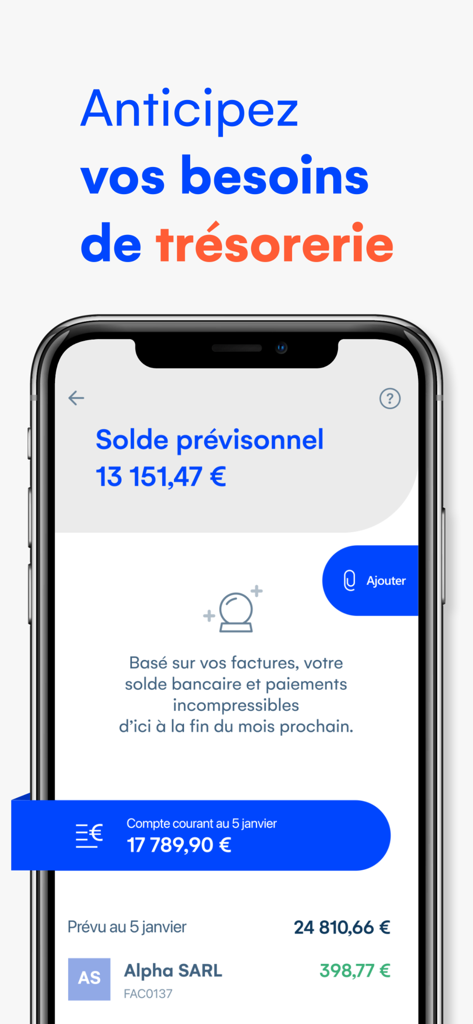 Cegid Flow - Interface de l'application mobile Cegid Flow affichant une prévision de trésorerie d'entreprise sur 30 jours et l'état du solde bancaire