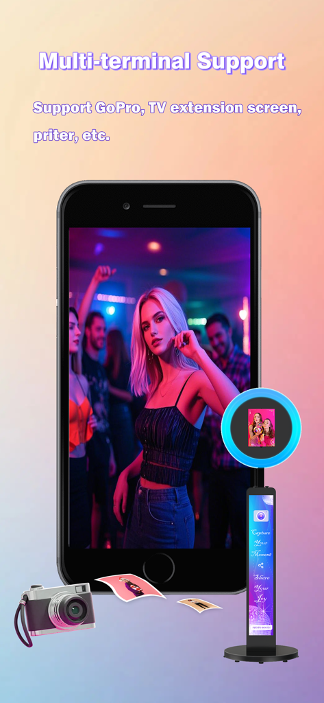 ChackTok App-Oberfläche, die die Kompatibilität mit mehreren Geräten wie GoPro-TV-Erweiterungsbildschirmen und Druckern für Fotoboxen zeigt.