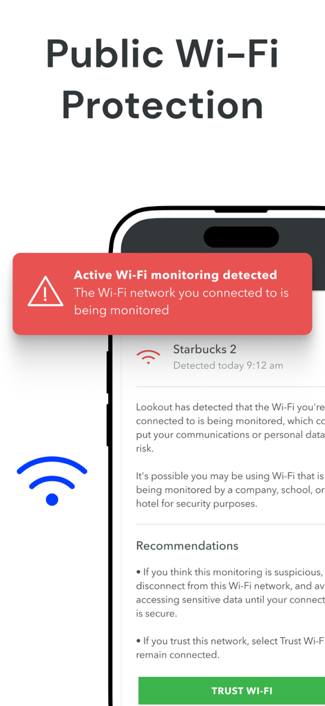 F-Secure Mobile Security - Screenshot of F-Secure Mobile Security showing an alert for active Wi-Fi monitoring on a public network.