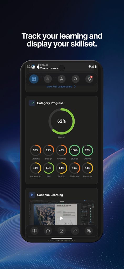 ArchAdemia app screen showing a dashboard with circular progress bars for architectural skill categories like BIM, design, and parametric